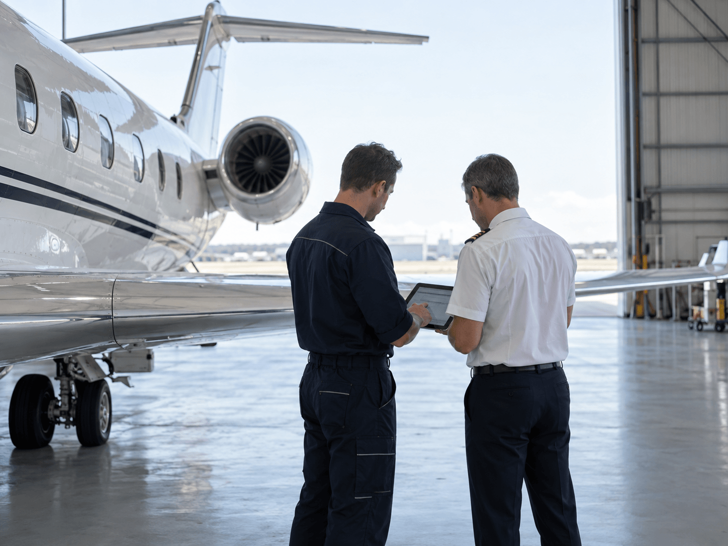 Aviation professionals reviewing an aircraft together